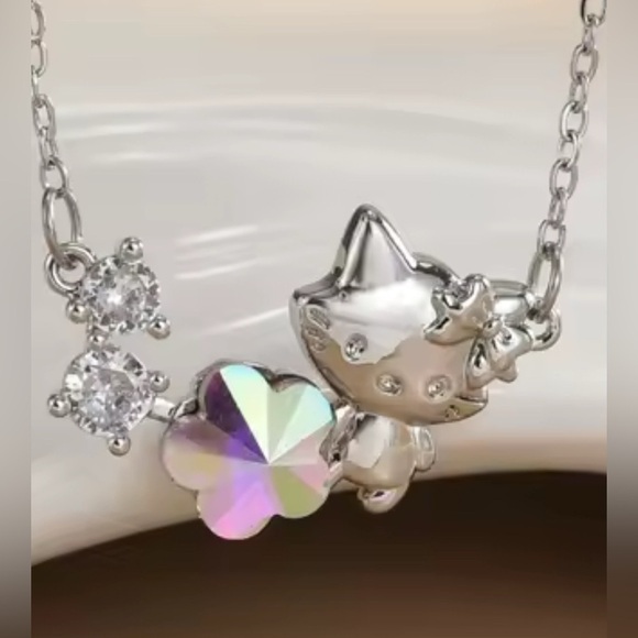 Hello Kitty Jewelry - 18K White Gold Hello Kitty Kitten Flower Crystal Diamond Accent Pendant Necklace